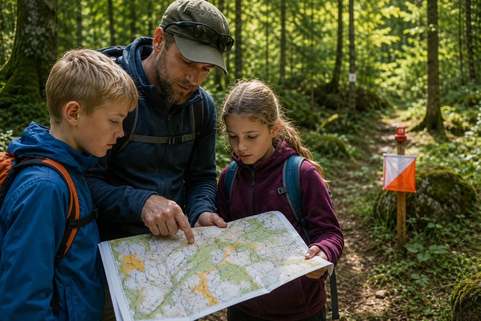 An adult and two children reading an orienteering map together in the forest