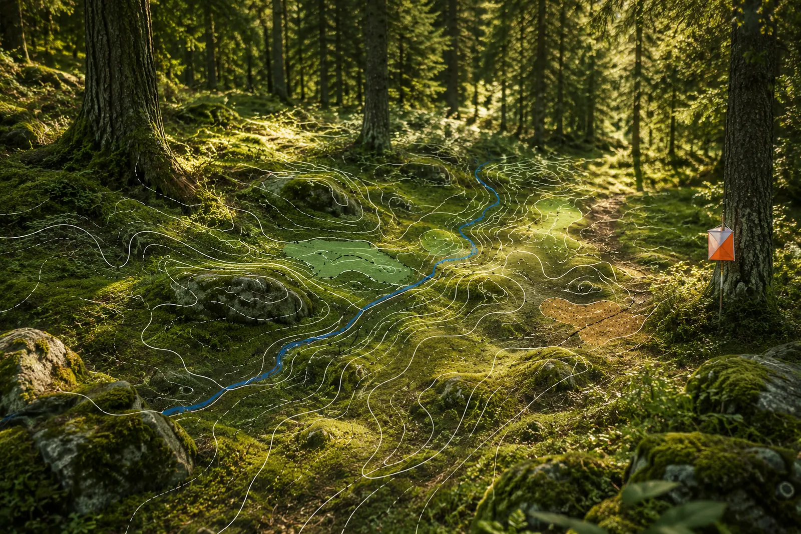 Forest floor with contour lines drawn over the terrain and a control flag beyond