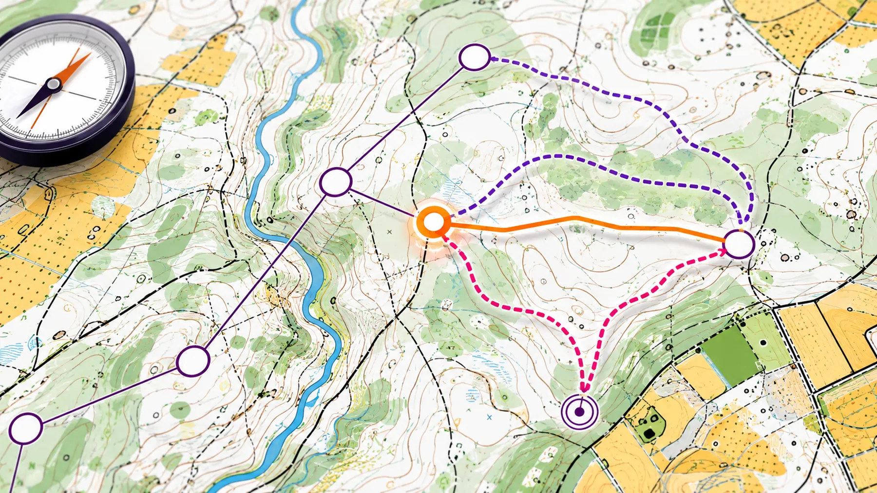 An orienteering map with a compass laid on it and three route choices drawn between the controls