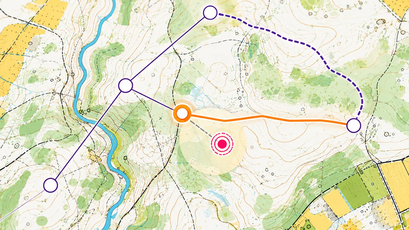 An orienteering map with three different routes drawn between the same two controls