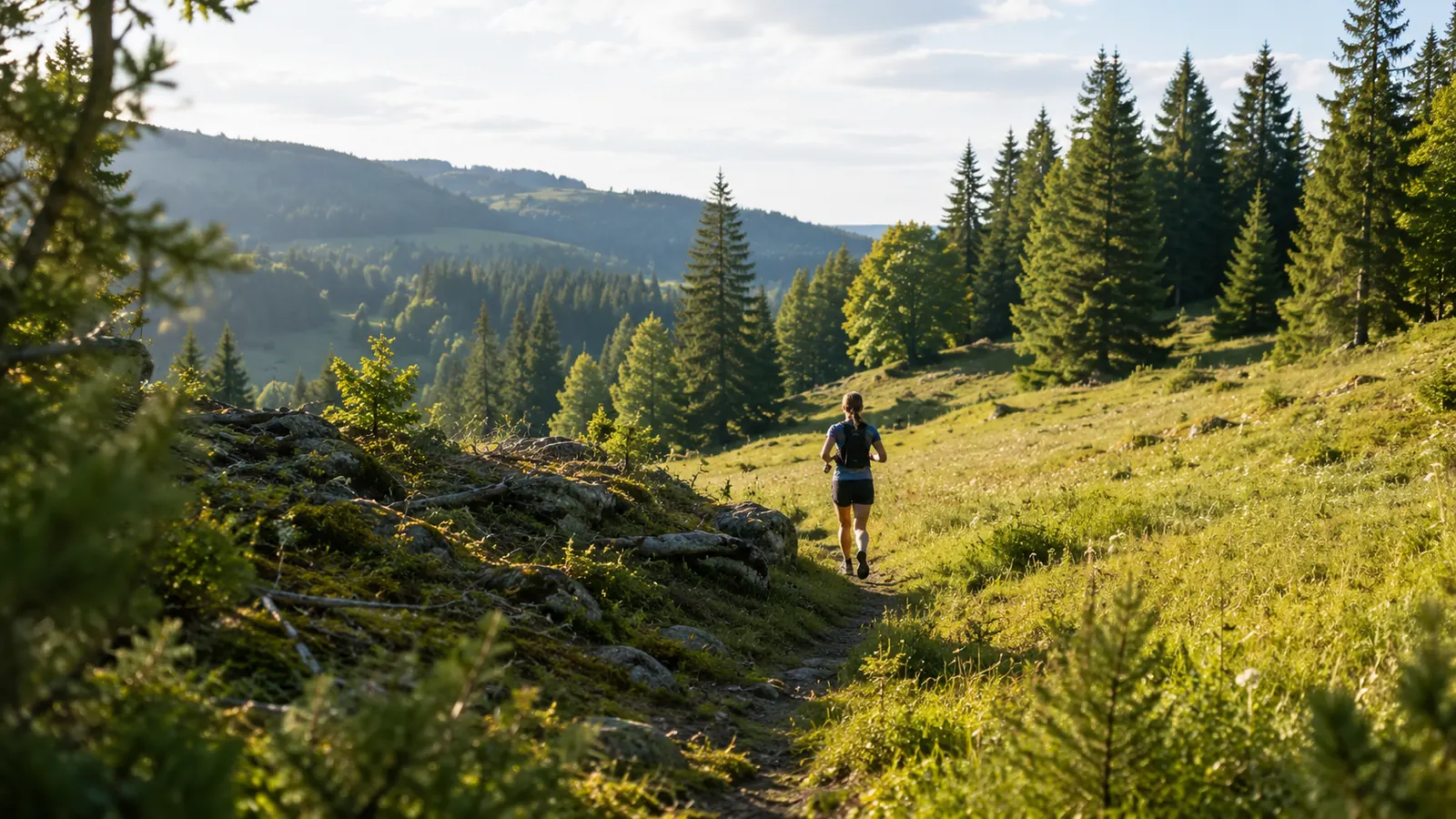 A runner on a singletrack trail across a hillside in evening light